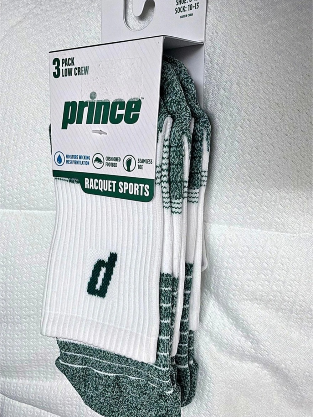 Prince Racquet Sports Socks Men's 3-Pack White & Green NWT